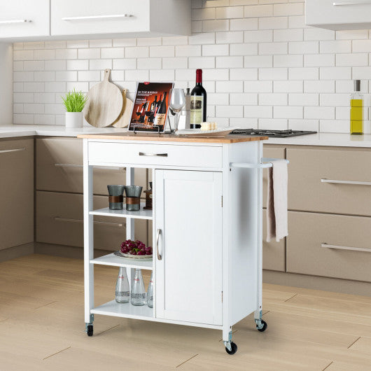Mobile Kitchen Island Cart with Rubber Wood Top-White