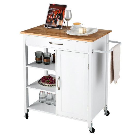 Mobile Kitchen Island Cart with Rubber Wood Top-White