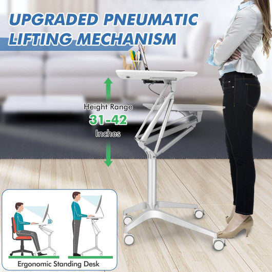 Mobile Standing Laptop Desk with Tablet Holder and 4 Rolling Casters-White