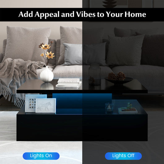 Modern 2-tier High Glossy Table with Adjustable Light Colors for Living Room-Black