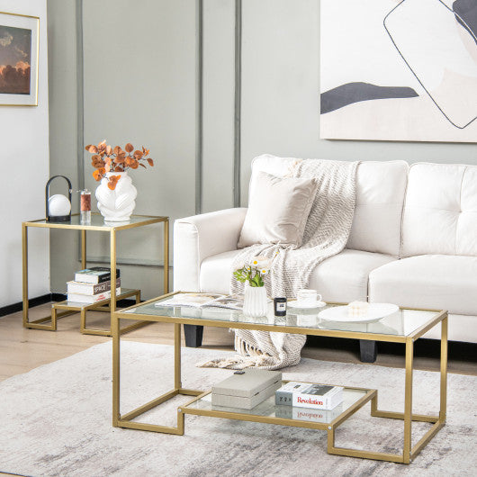Modern 2-Tier Rectangular Coffee Table with Glass Table Top-Golden