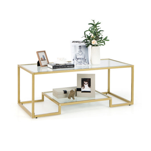 Modern 2-Tier Rectangular Coffee Table with Glass Table Top-Golden