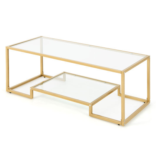 Modern 2-Tier Rectangular Coffee Table with Glass Table Top-Golden