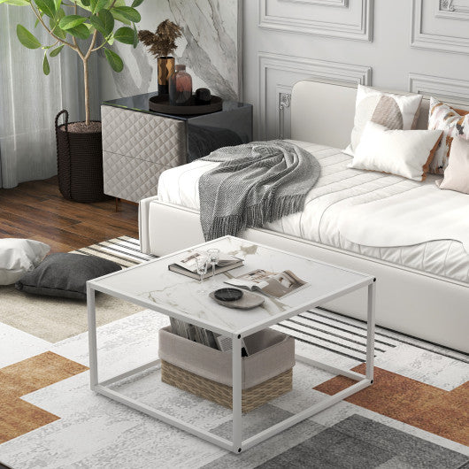 Modern Glass Square Coffee Table with Metal Frame for Living Room-White