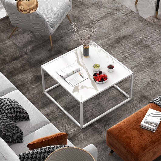 Modern Glass Square Coffee Table with Metal Frame for Living Room-White
