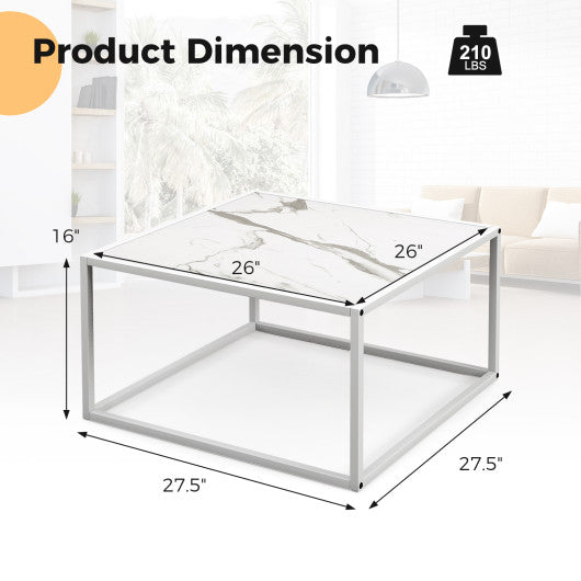 Modern Glass Square Coffee Table with Metal Frame for Living Room-White