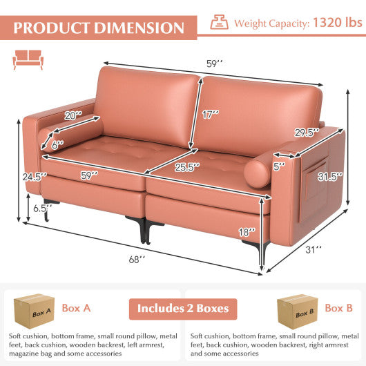 Modern Loveseat Sofa with 2 Bolsters and Side Storage Pocket-Pink