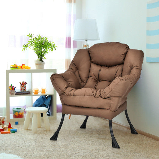 Modern Polyester Fabric Lazy Chair with Steel Frame and Side Pocket-Brown
