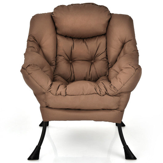 Modern Polyester Fabric Lazy Chair with Steel Frame and Side Pocket-Brown