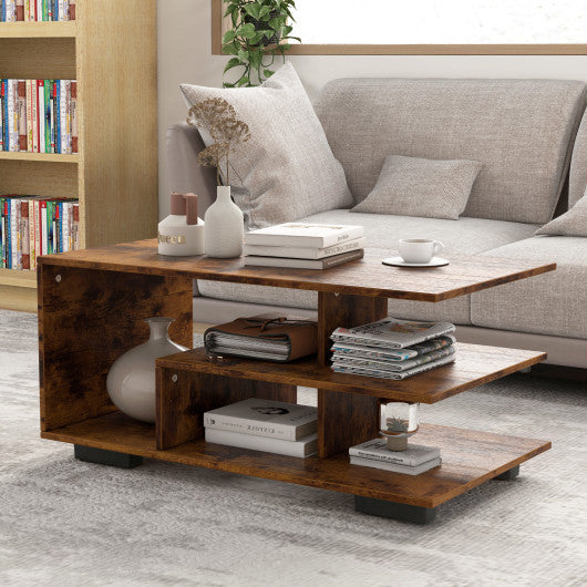 Rectangular Coffee Table with L-shaped Middle Shelf-Brown