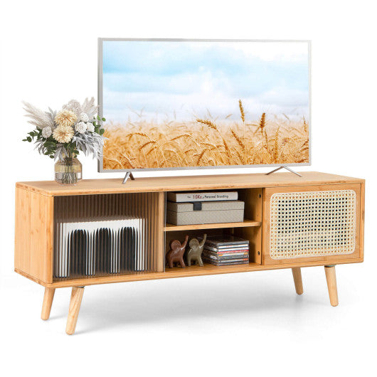 Modern TV Stand with Rattan Glass Sliding Doors-Natural