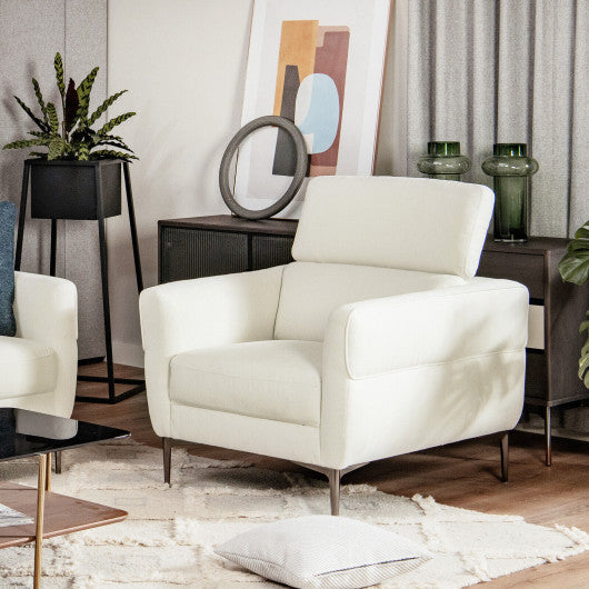 Modern Upholstered Single Sofa with Adjustable Headrest and Stable Metal Legs-White
