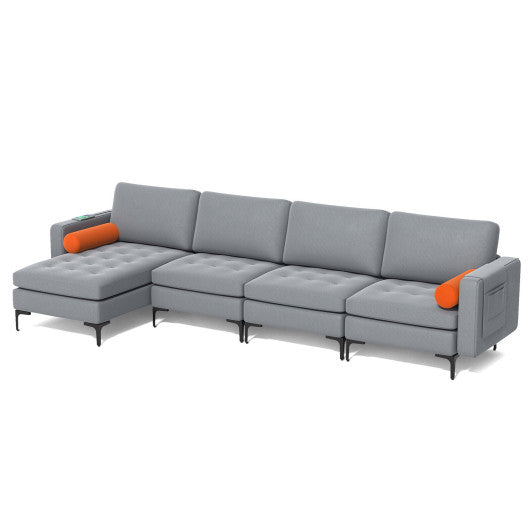 Modular L-shaped 4-Seat Sectional Sofa with Reversible Chaise and 2 USB Socket-Gray