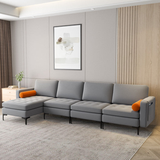Modular L-shaped 4-Seat Sectional Sofa with Reversible Chaise and 2 USB Socket-Gray