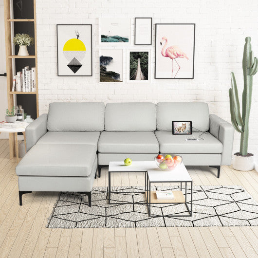 Modular 3-Seat L-shaped Sectional Sofa with Reversible Chaise and 2 USB Ports-Light Gray