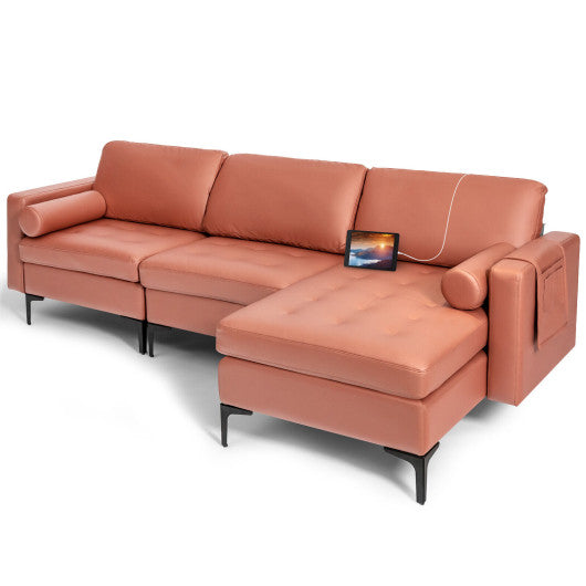 L-shaped Sectional Sofa with Reversible Chaise and 2 USB Ports-Pink