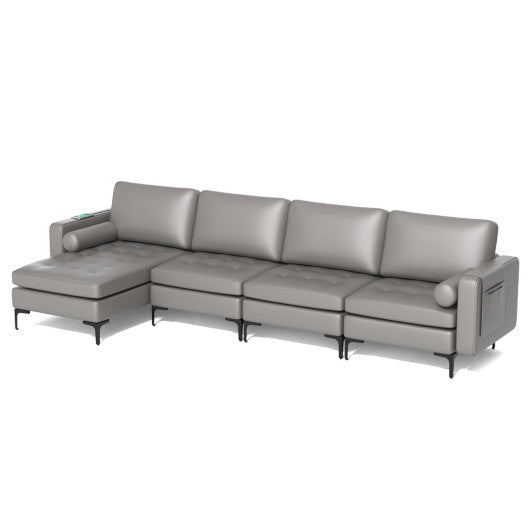 Modular L-shaped 4-Seat Sectional Sofa with Reversible Chaise and 2 USB Socket-Light Gray