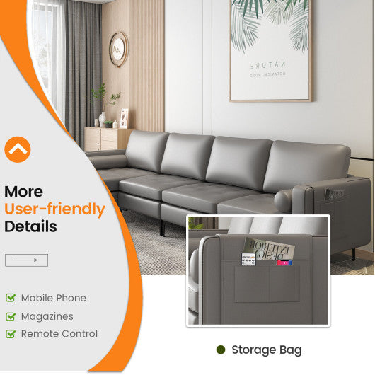 Modular L-shaped 4-Seat Sectional Sofa with Reversible Chaise and 2 USB Socket-Light Gray
