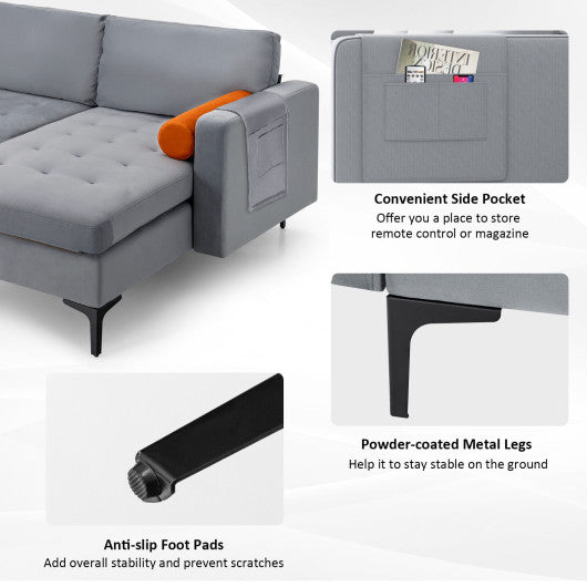 Modular L-shaped 3-Seat Sectional Sofa with Reversible Chaise and 2 USB Ports-Gray