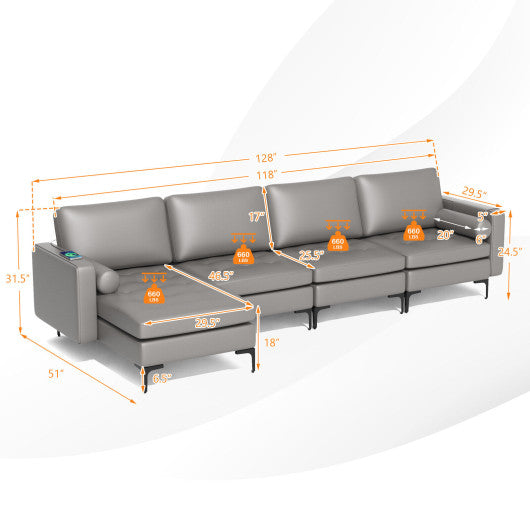 Modular L-shaped 4-Seat Sectional Sofa with Reversible Chaise and 2 USB Socket-Light Gray