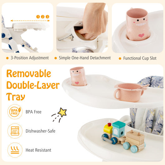 Multifunctional Folding Baby High Chair with Rolling Wheels and Adjustable Height-Navy