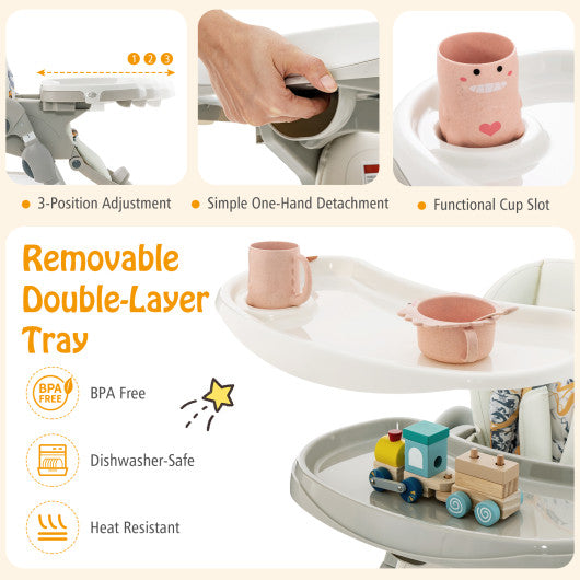 Multifunctional Folding Baby High Chair with Rolling Wheels and Adjustable Height-White