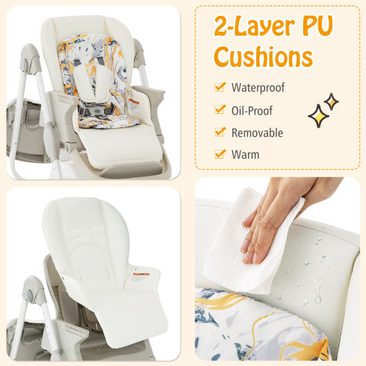 Multifunctional Folding Baby High Chair with Rolling Wheels and Adjustable Height-White