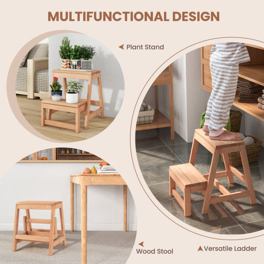 Multipurpose Wood Folding 2-Step Stool for Indoor Outdoor Plant Stand-Natural