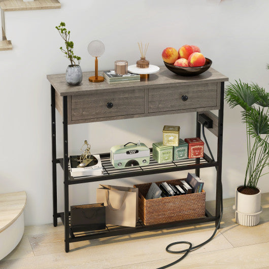 Narrow Console Table with 2 Drawers and 2 Metal Mesh Shelves-Gray