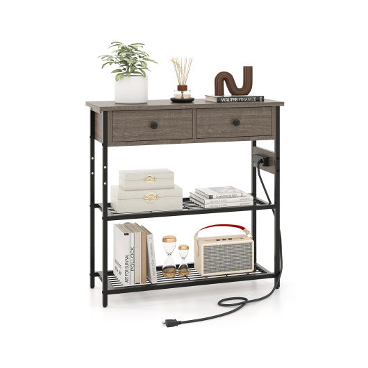 Narrow Console Table with 2 Drawers and 2 Metal Mesh Shelves-Gray