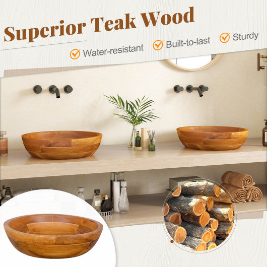 16 Inch Teak Wood Washbasin with Drainage Hole and Rounded Corners