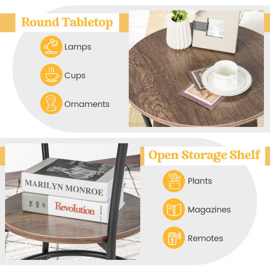 2-Tier Round End Table with Open Storage Shelf and Sturdy Metal Frame-Natural