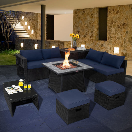 9 Pieces Outdoor Wicker Sectional with 35 Inch Gas Fire Pit Table-Navy
