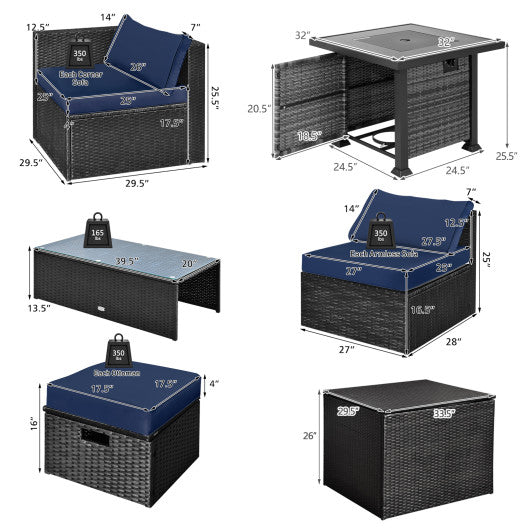 9 Pieces Patio Furniture Set with 32” Fire Pit Table and 50000 BTU Square Propane Fire Pit-Navy