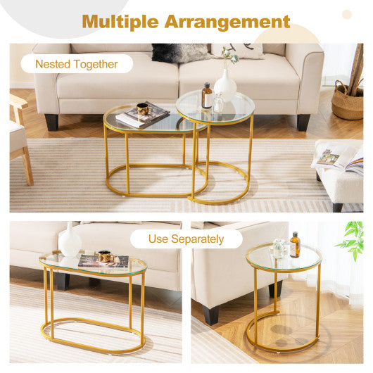 Nesting Coffee Table Set of 2 with Tempered Glass Tabletop-Golden