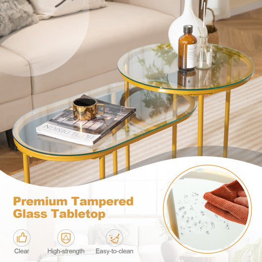 Nesting Coffee Table Set of 2 with Tempered Glass Tabletop-Golden