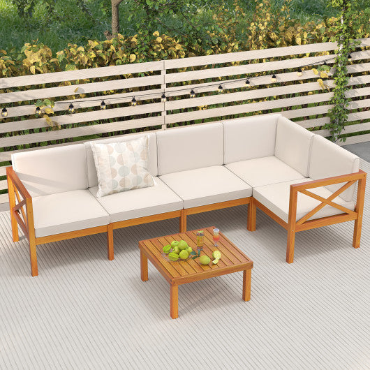 Outdoor 6 Pieces Acacia Wood Patio Sectional Furniture Set-Off White