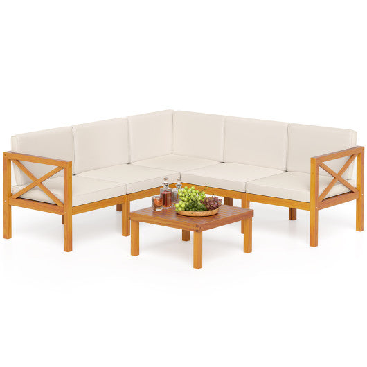 Outdoor 6 Pieces Acacia Wood Patio Sectional Furniture Set-Off White