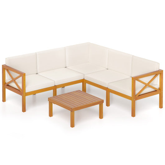 Outdoor 6 Pieces Acacia Wood Patio Sectional Furniture Set-Off White