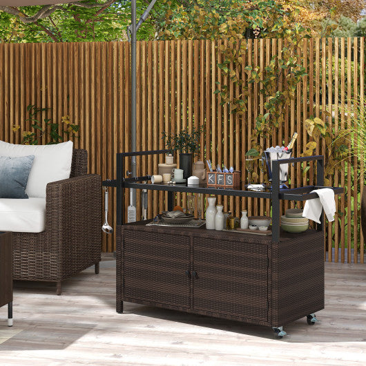 Outdoor Bar Cart Wicker Buffet Serving Cart with Cabinet and 8 Hooks-Brown
