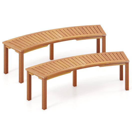 Outdoor Curved Acacia Wood Fire Pit Bench with Slatted Seat-Set of 2