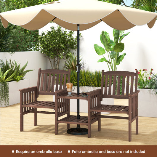 Outdoor Fir Wood Loveseat with 2-Tier Side Table and 1.96" Umbrella Hole-Coffee