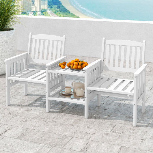 Outdoor Fir Wood Loveseat with 2-Tier Side Table and 1.96" Umbrella Hole-White