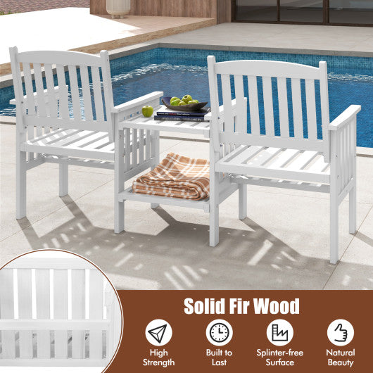 Outdoor Fir Wood Loveseat with 2-Tier Side Table and 1.96" Umbrella Hole-White