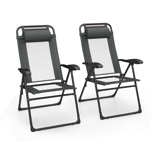 Outdoor Folding Chairs Set of 2 with Armrests and 7-Level Backrest-Gray