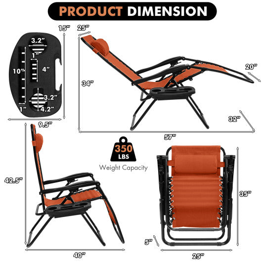 2 Pieces Folding Lounge Chair with Zero Gravity-Orange