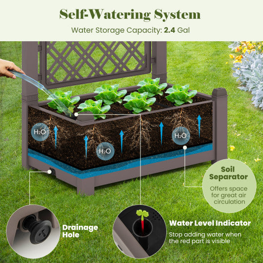 Outdoor Planter Box Self-Watering Raised Garden Bed Trellis with Water Level Indicator-Coffee