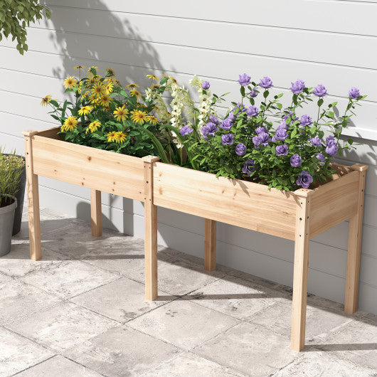 Fir Wood Outdoor Raised Garden Bed with Divider Panel and Drainage Holes-Natural