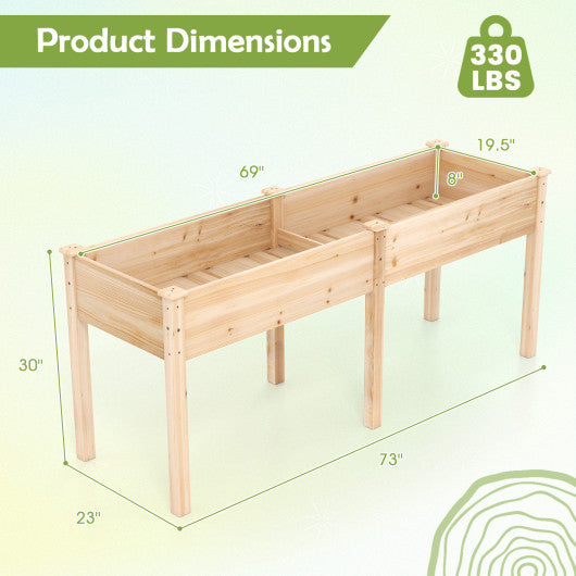 Fir Wood Outdoor Raised Garden Bed with Divider Panel and Drainage Holes-Natural