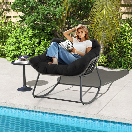 Outdoor Rocking Chair Oversized Patio PE Wicker Egg Chair with Cushion-Black